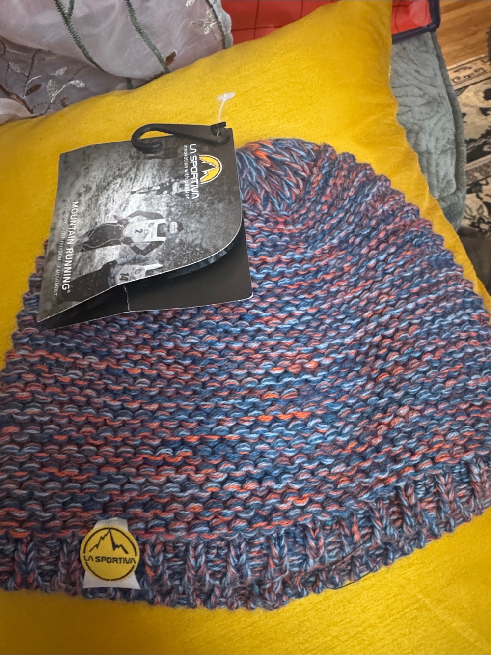 La Sportiva Blue and Orange Knit Beanie with Logo Patch